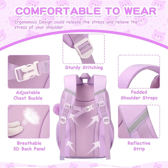 Kids Backpack for Girls School Bags for Middle School Students Book Bag for Elementary Primary Kawaii Ita Backpack, Purple and Beige