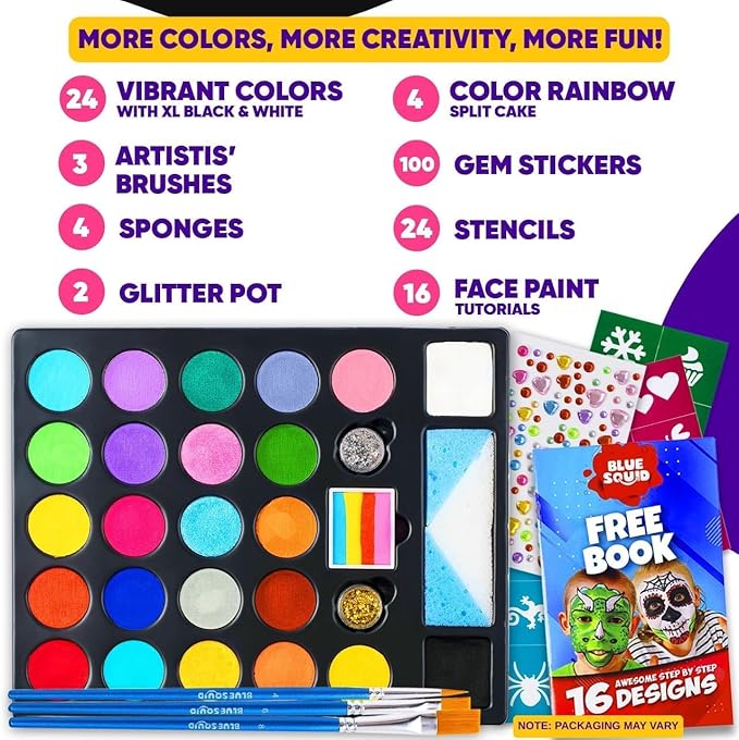 28 Color Face Painting Kit for Kids - Blue Squid Face Paint Kit Palette with 160pc accessories Stencils, Water Activated Non Toxic Washable Professional Facepaint body set Halloween Party Makeup