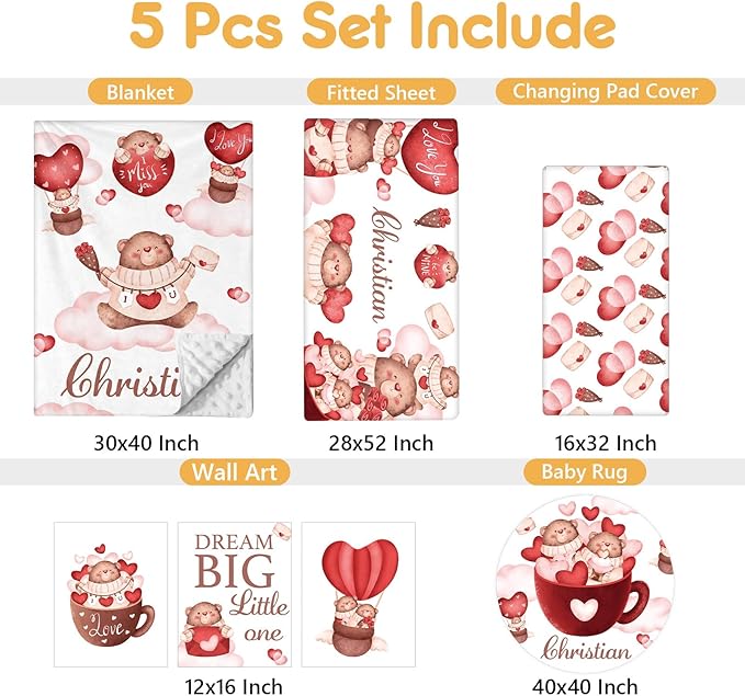 Custom Crib Bedding Set, 5 Pcs Personalized Name Nursery Bedding Set with Double Layer Flannel Blanket, Heart & Bear Baby Crib Set for Girls Boys, Customized Gifts for Infants Babies Toddlers