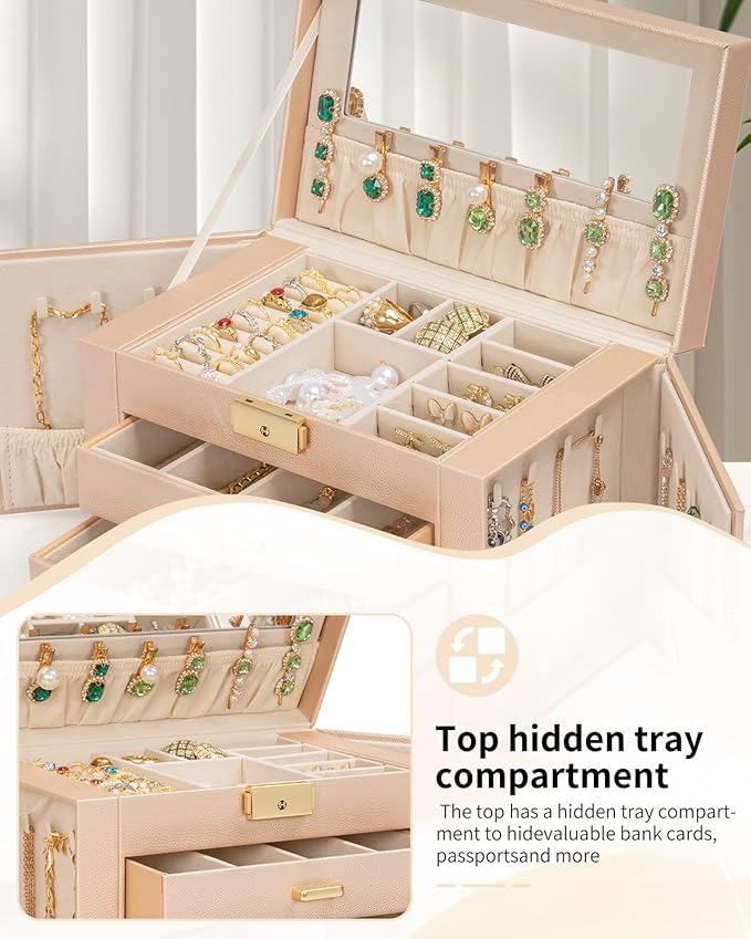 AKOZLIN Large 4-Tier Jewelry Box Leather Jewelry Storage Organizer with 3 Drawers Lockable for Women Girls Ring Necklace Earring Bracelet Watches Holder with Mirror Champagne