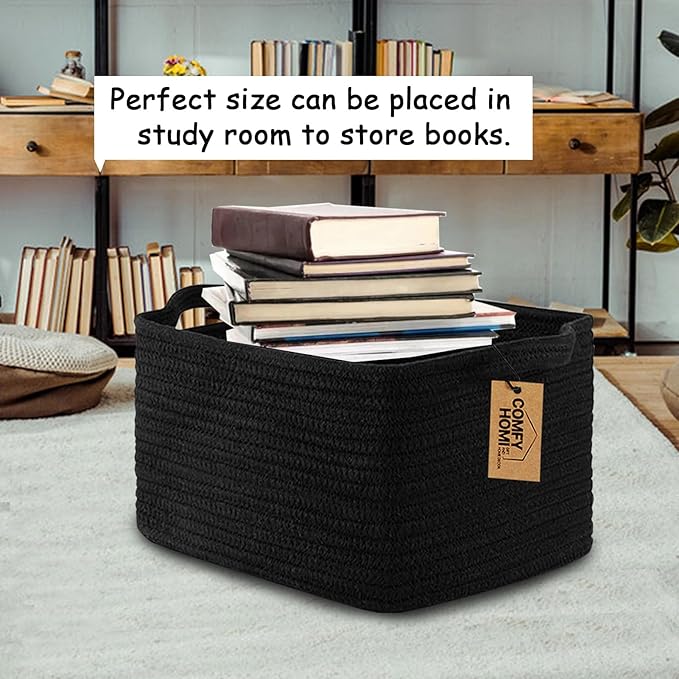 COMFY-HOMI Storage Basket for Shelves, Woven Baskets for Storage, Cotton Rope Basket,Toy Storage Organizer, Storage Cube Bin, Organization and Storage, Towel Baskets for Gift Empty, All Black
