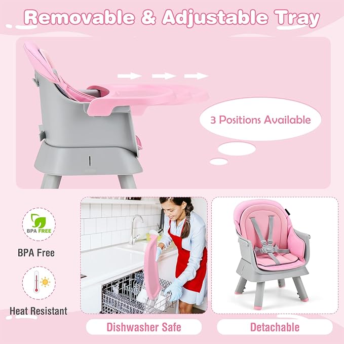 HONEY JOY 8 in 1 Baby High Chair, Convertible Highchair for Babies and Toddlers/Table and Chair Set/Building Block Table/Booster Seat/Stool/Toddler Chair with Safety Harness (Pink)