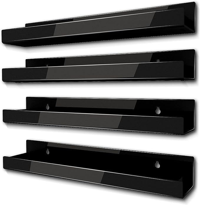 4 Pack 15 Inch Black Acrylic Shelves, Black Kids Floating Bookshelf for Kids Room, Modern Nail Polish Rack Sunglasses Essential Oil Picture Ledge Display Toy Storage Wall Shelf
