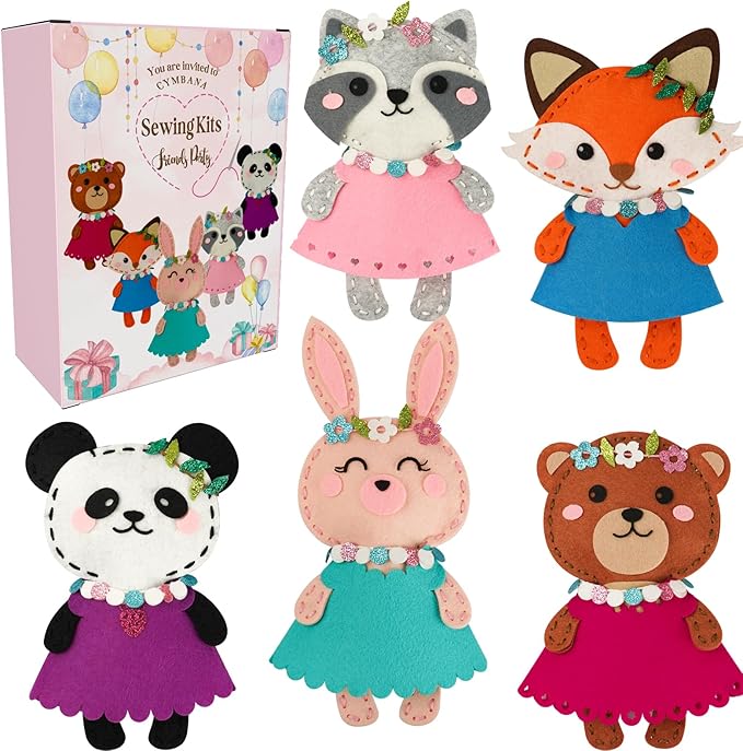 Cymbana Kid Sewing Craft Kit to Make a Friend for Beginner Felt Craft Learn to Sew, Panda Fox Bunny Raccoon Bear 5 Animals