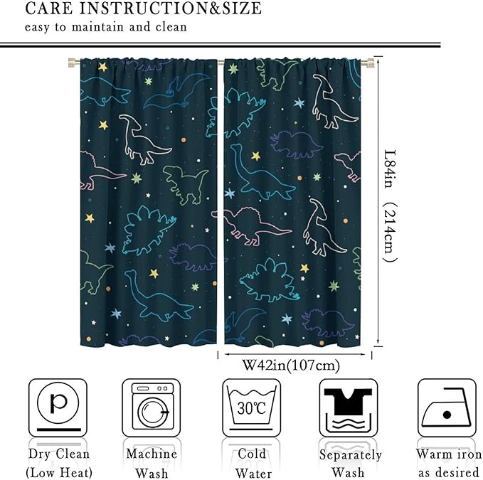 Cartoon Colorful Dinosaur Curtains for Kids Boys Girls Home Decor, Astronaut Funny Outer Space Star Blackout Rod Pocket Window Drapes for Bedroom Living Room W42xL84in 2 Panels