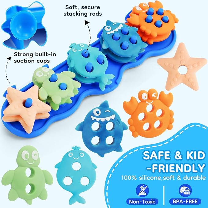 Baby Bath Toys, Mold Free Silcone Shape Sorting & Stacking Bath Toy Set with 10 Cute Floating Pieces, Color & Shape Sorter Toys for Toddler Early Learning Bathtub Fun