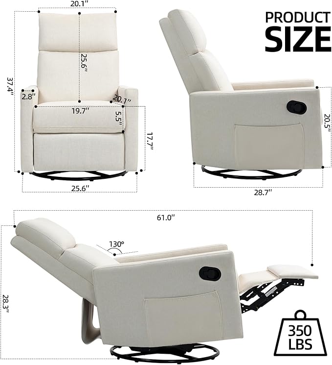 Swivel Rocker Recliner Chairs Set of 2, Upholstered Fabric Nursery Rocking Glider Chair with Adjustable Backrest and Footrest, Lay Flat Recliner Single Lazy Sofa for Living Room(Beige)