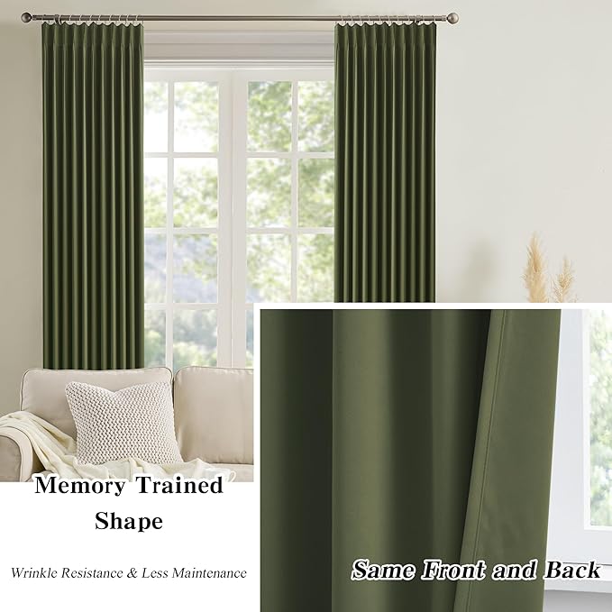 KEQIAOSUOCAI Dark Olive Pinch Pleated Curtains 63 Inches Long for Short Windows, Room Darkening Blackout Curtain Drapes for Bedroom 40 x 63 Inch -2 Panels