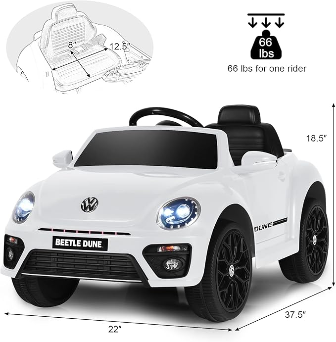 Costzon Ride on Car, 12V Licensed Volkswagen Beetle Battery Powered Vehicle w/Remote Control, Spring Suspension, Lights, USB, Horn, Music, 4 Wheeler for Boy Girl Gift, Electric Car for Kids, White
