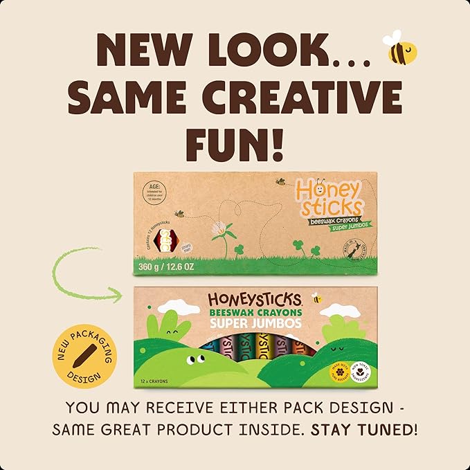 Honeysticks Super Jumbo Crayons (12 Pack) - Non Toxic Crayons for Kids - 100% Pure Beeswax and Food Grade Colors - For Toddlers 1-3, Unbreakable, Extra Large, Easy to Hold and Use, Eco-Friendly