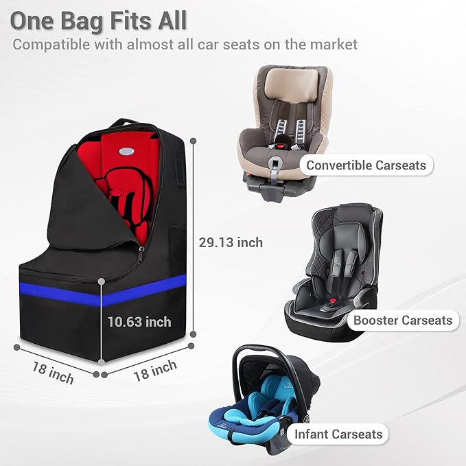 Car Seat Travel Bag - Padded, Comfortable, Durable, Roomy Gate Check Carseat Cover Backpack Fits 3-in-1，Convertible, Booster & Infant Car Seats for Airplane, Airport, Blue