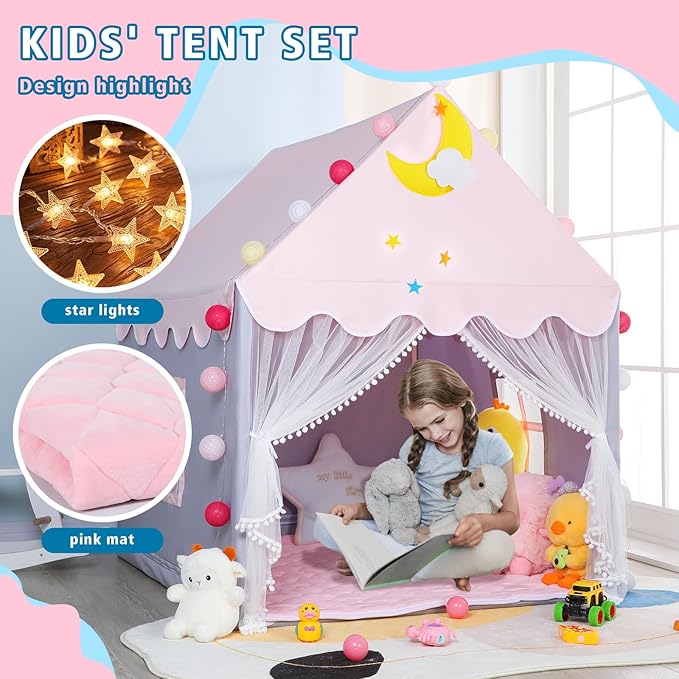 Wilwolfer Kid Tent with Mat, Star Lights - Kids Play Tents for Toddlers Kids Tents Indoor Playhouse - Princess Tent for Girls Toy House Gift (Gray with Mesh)