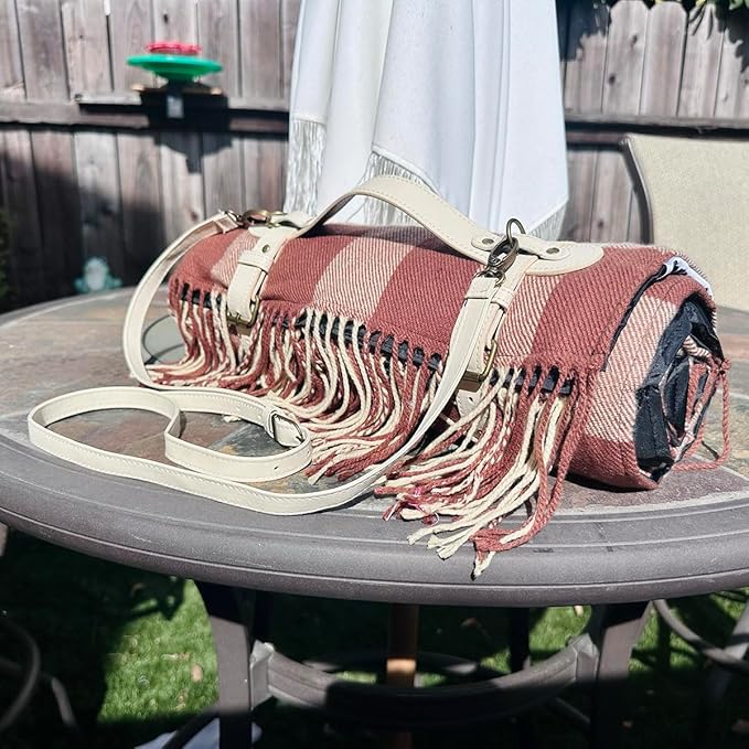 Picnic Blanket Extra Large Waterproof with Strap 59"x79" - Machine Washable Tassels Faux Wool Cashmere for Park, Grass, Camping, Hiking, Concerts (Latte with white shoulder strap, 59"X79")