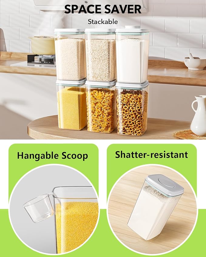 Ankou Airtight Food Storage Container with Pop Lid & 130ml Scoop, 4L/4.2qt *4 BPA-Free Cereal, Rice, Flour, Pasta & Snack Container, Stackable & Durable,Kitchen Pantry Organizer