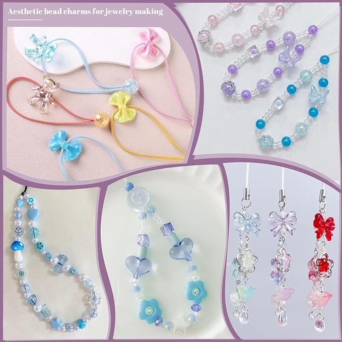 Assorted 170-230PCS Blue Acrylic Beads for Bracelet Making, Flower Bow Butterfly Candy GummyBear Aesthetic Bracelet Charms,Cute Beads for Jewelry Making DIY Necklace Keychain Phone Charm