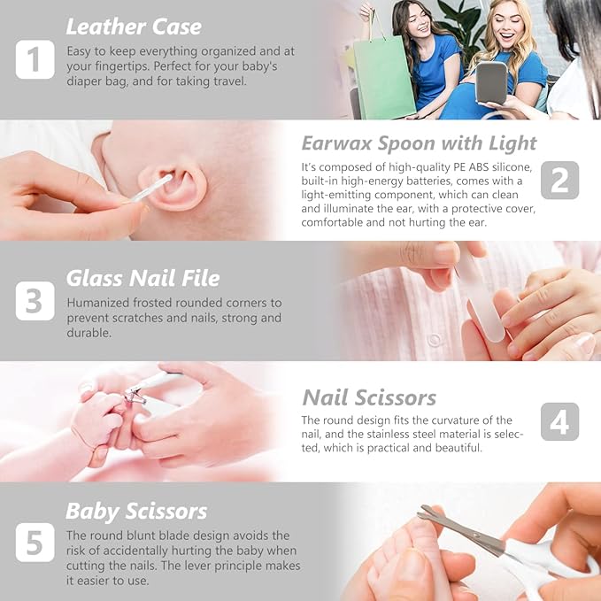 Baby Grooming Kit, 15 in 1 Portable Baby Safety Care Set with 01 Hair Brush Comb Nail Clipper Nasal Aspirator etc for Nursery Newborn Infant Girl Boys Keep Clean(White)