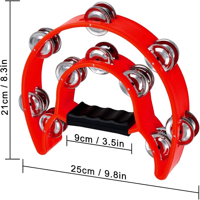 EastRock Double Row Tambourine,Metal Jingles Hand Held Percussion-Half Moon Tambourine for Kids, Adults, KTV, Party (Red)