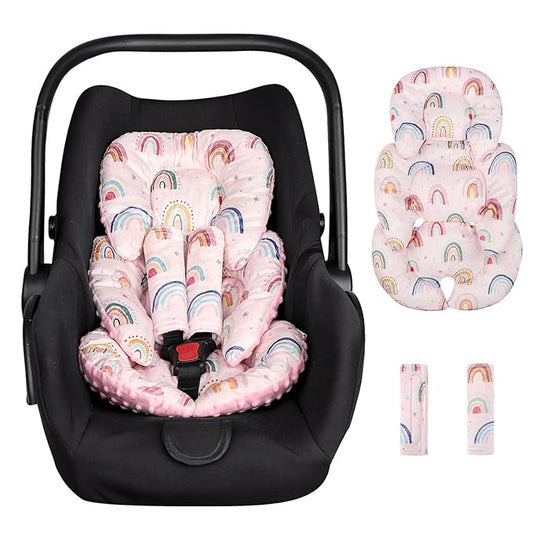 Infant Car Seat Insert, Car Seat Head Support Baby Girls Boys, Soft & Reversible Newborn Carseat Insert Cushion with 2 Strap Covers, for Stroller, Swing, Bouncer (Pink Rainbow)