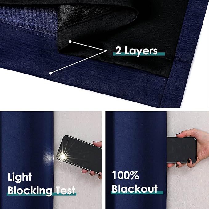 ChrisDowa 100% Blackout Curtains for Bedroom with Black Liner, 2 Thick Layers Total Blackout Thermal Insulated Grommet Window Curtains 2 Panels Set (Navy Blue, 52 x 72 Inch)