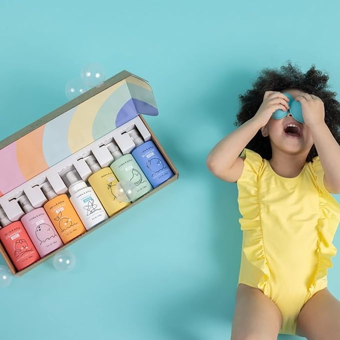 Dabble & Dollop Rainbow of Bubbles – Natural 4-in-1 Bath Set for Kids, Includes Bubble Bath, Body Wash, Shampoo, USA Made, No Parabens/Sulfates, Vegan, Gluten-Free, Tear-Free (7-Pack)