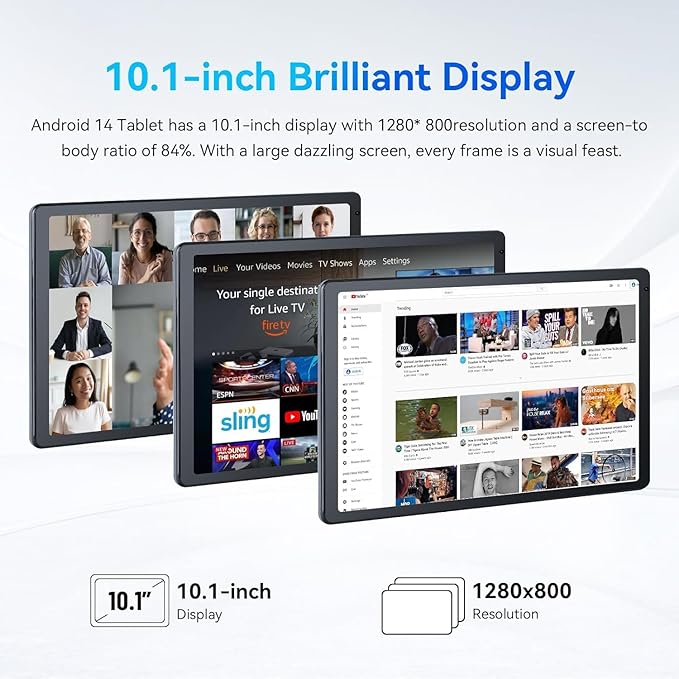 Android Tablet, 10.1 inch Tablets with 1280 * 800 IPS HD Touchscreen, Octa-Core Processor, 10(4+6) GB RAM 128GB ROM, 1TB TF Card Expandable, 5G/2.4G WiFi, BT 5.0,Dual Camera, 2025 US Version