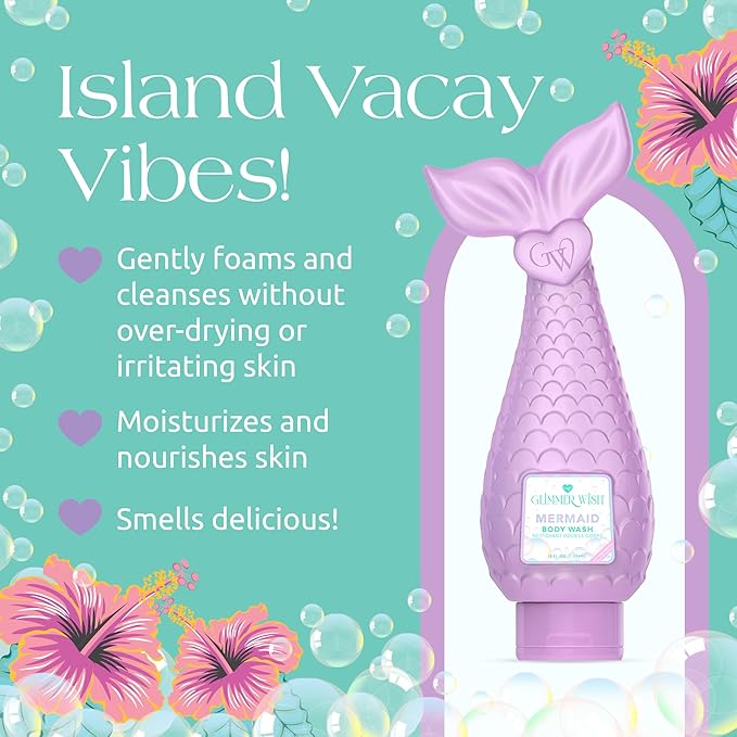 Glimmer Wish Mermaid Kids Body Wash, Gentle Cleanser and Moisturizing Sulfate Free Body Wash, Skin Care for Kids, Tropical Beach Scent, 12 Fl Oz