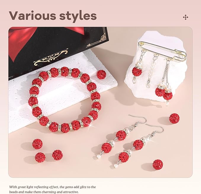 160pcs 10mm Rhinestone Beads for Jewelry Making, Red Shiny Round Disco Ball Beads Bulk, Sparkle Crystal Clay Christmas for Bracelet Baseball Necklace Earring Crafting and DIY