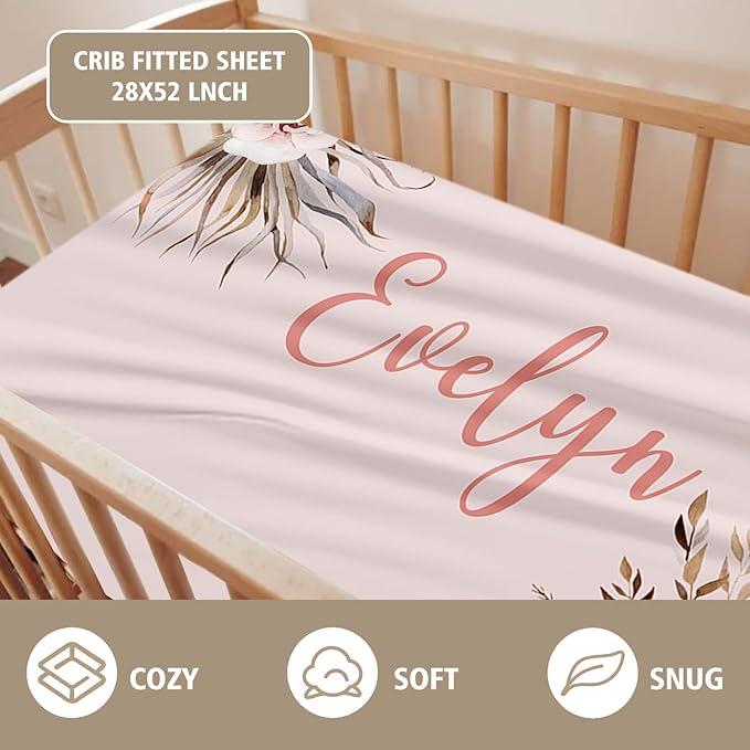 Custom Name Crib Bedding Set - Bohemian Flowers Design, Personalized Baby Nursery Bedding 3-Piece Set– Soft Blanket, Fitted Sheet, Changing Pad Cover – for Newborns Girls Nursery Gifts