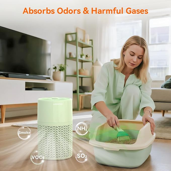 AIRROMI Pets Air Purifier for Home Allergies,Up to 660 ft².Yellow Deodorizing Activated Carbon Filter,With Fragrance Sponge for Better Sleep,Night Light,Pet Dander,Smoke,Odors,Air Cleaner A2002 Green