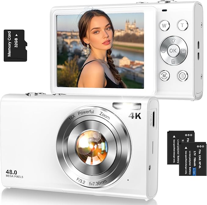 Digital Camera,Autofocus 4K Vlogging Camera for Photography with 32GB Card,48MP Portable Compact Point and Shoot Digital Camera for Teens Adult Beginner with 16X Zoom,Anti-Shake,2 Batteries(White)