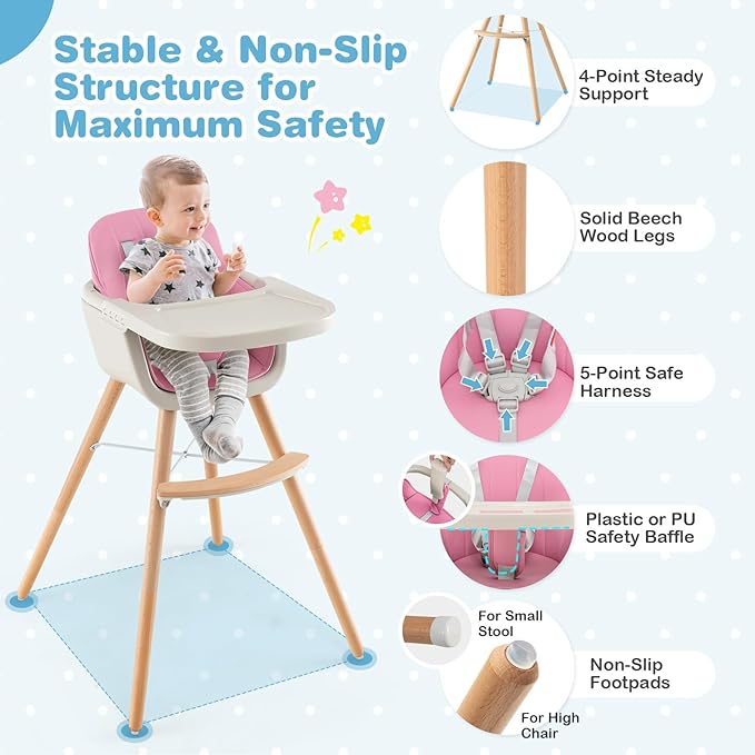 HONEY JOY High Chair, 3-in-1 Eat & Grow Wooden Highchair/Booster Seat/Toddler Chair with Removable Tray, 5-Point Harness, PU Cushion and Footrest for Baby, High Chair for Babies and Toddlers(Pink)