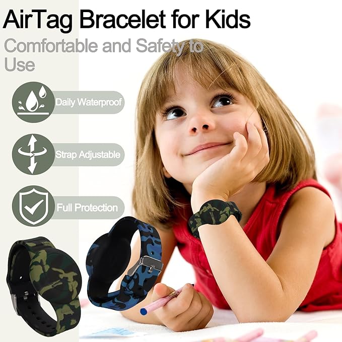 4 Pack Waterproof AirTag Bracelet for Kids, Hidden Printed Wristband for Apple Air Tag, Silicone AirTag Holder GPS Tracker Case for Band for Child Toddler, Secure Anti-Lost Protection