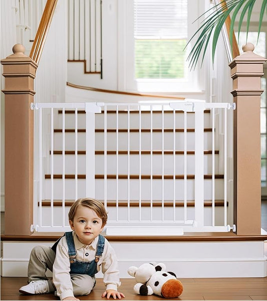 Cumbor 29.7-48" Baby Gate for Stairs, Mom's Choice Awards Winner-Dog Gates for Doorways, Auto Close Safety Pet Gate for Dogs Indoor, Easy Install Pressure Mounted Child Gate with Walk Thru Door, White