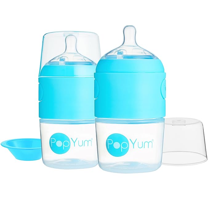 PopYum 5 oz Blue Anti-Colic Formula Making/Mixing/Dispenser Baby Bottles, 2-Pack with #1 Slow Flow Nipples, 150 ml, BPA-Free, Natural Latch