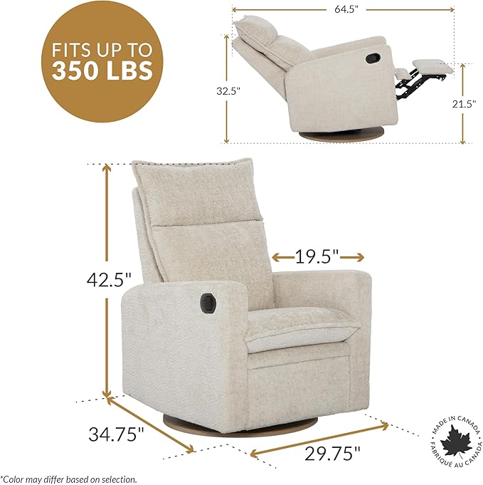 Arya Modern Nursery Glider Recliner Chair – Cozy Nursing Chair with 360° Swivel for New Parents, Gentle Motion, Compact Design, High Back & Low Armrests, Canadian Made (Cream/Beyond Sheep Fabric)