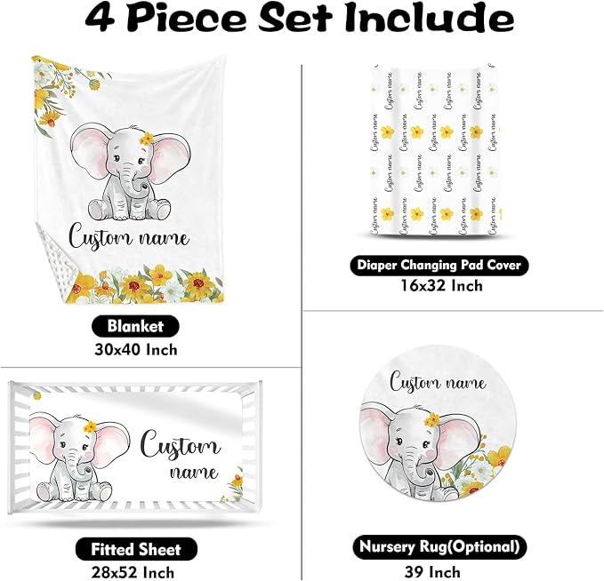 Custom Nursery Crib Bedding Set: 4 Piece Yellow Floral Elephant Design Baby Crib Sets for Girls with Personalized Name - Toddler Double Layer Blanket Set, Comfortable Crib Bed Sheets for Baby Toddlers