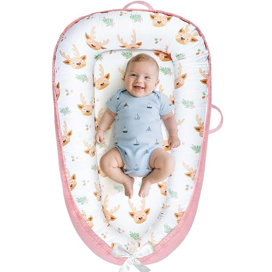 Baby Lounger - Baby Lounger for Newborn 0-24 Months, Breathable and Soft Cotton Cover Baby Nest, Portable Cozy Tummy Time Lounger for Home and Travel, Ideal Baby Essentials & Shower Gifts