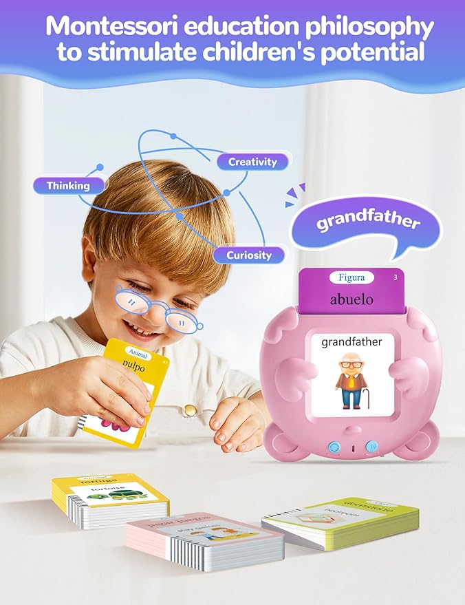 Spanish & English Talking Flash Cards for Toddlers, 510 Sight Words Bilingual Pink Educational Toys for Girls, Autism Sensory Speech Therapy Toys, Española Pocket Vocabulary Learning for Kids