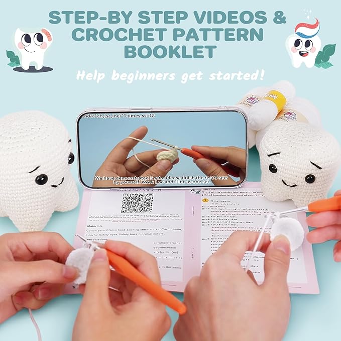 Crochet Kit for Beginners, Crochet Kit w Step-by-Step Video Tutorials, Crochet Starter Kit Learn to Crochet Kits for Adults Kids Beginners, Crochet Kit Tooth (40%+ Yarn Content)