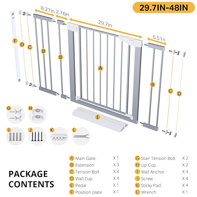 Cumbor 29.7-48" Baby Gate for Stairs, Mom's Choice Awards Winner-Dog Gates for Doorways, Auto Close Safety Pet Gate for Dogs Indoor, Easy Install Pressure Mounted Child Gate with Walk Thru Door, Gray