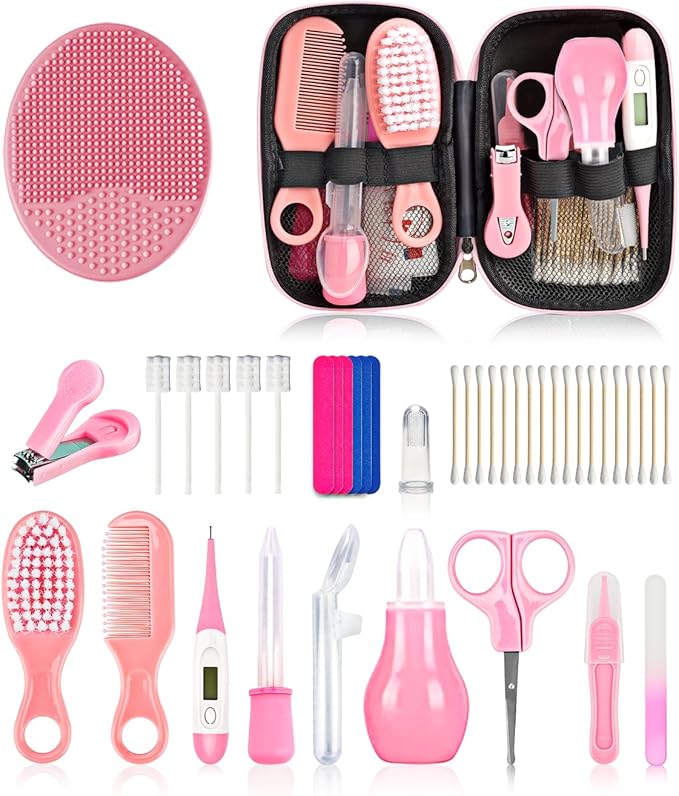 Baby Grooming and Healthcare Kit, Portable Baby Safety Care Set with Hair Brush Comb Nail Clipper Nasal Aspirator for Nursery Newborn Infant Girl Boy (25 in 1 Pink)