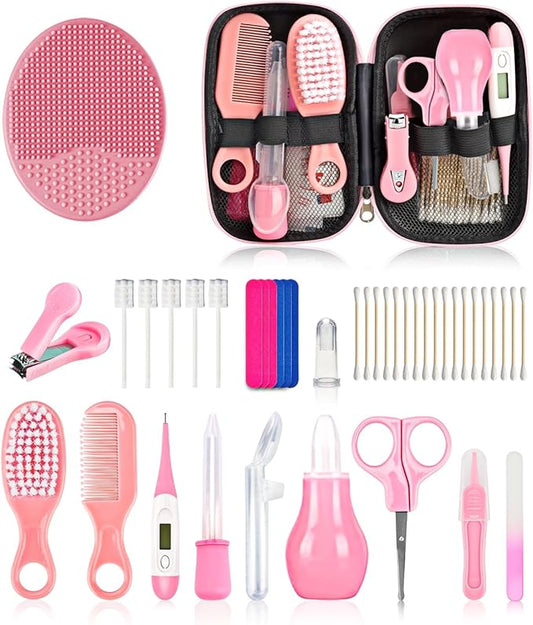 Baby Grooming and Healthcare Kit, Portable Baby Safety Care Set with Hair Brush Comb Nail Clipper Nasal Aspirator for Nursery Newborn Infant Girl Boy (25 in 1 Pink)