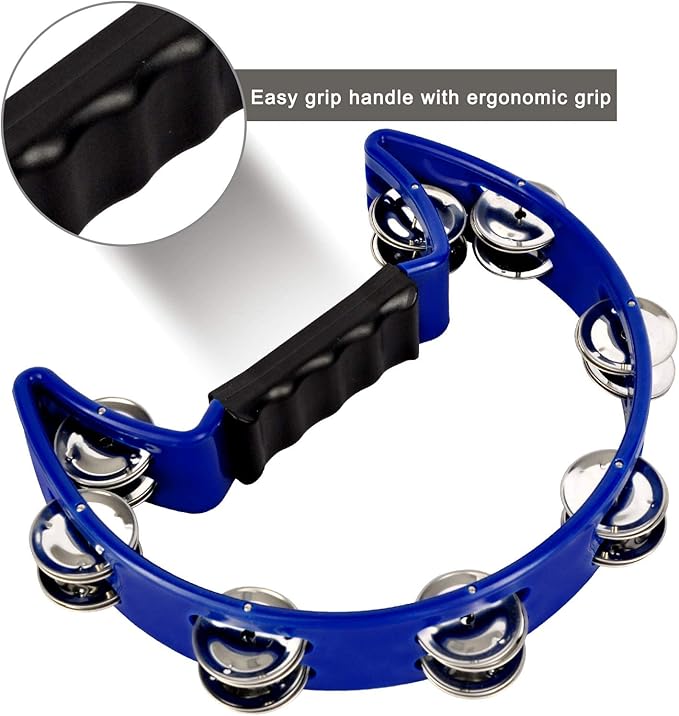 EastRock Tambourine Metal Jingles Hand Held Percussion Half Moon Tambourine for Kids, Adults, KTV, Party BLUE