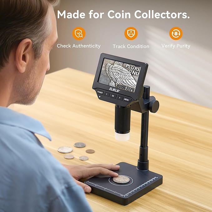 Elikliv EDM4C Coin Microscope with Scale：4.3" Digital Microscope with Adjustable LED, Error Coin Magnifier with Screen & Weighing Scope for Collectors, Jewelers, Students, Windows/Mac Compatible
