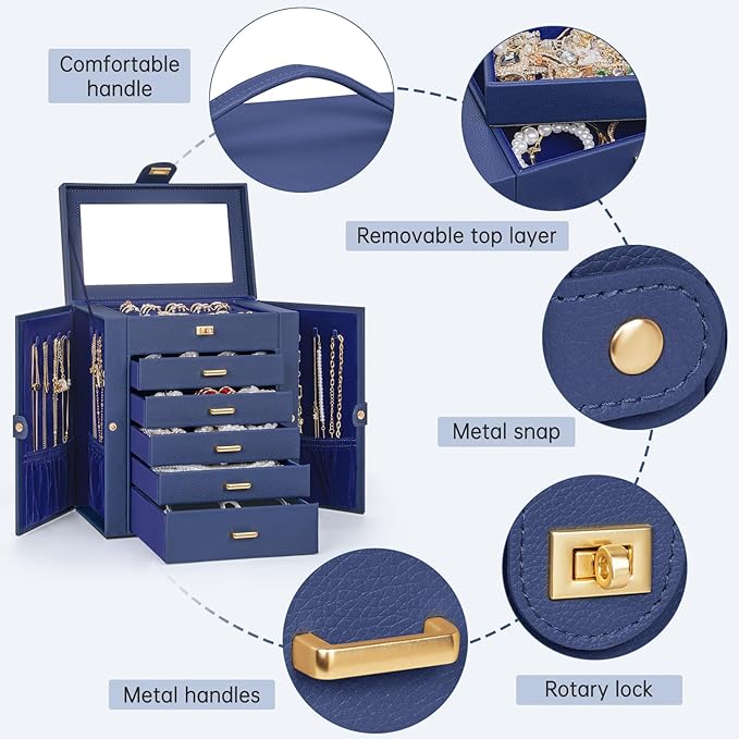 AKOZLIN 6-Tier Jewelry Box Organizer Functional 5 Drawers Leather Jewelry Storage Case for Women Girls Ring Necklace Earring Bracelet Holder Organizer with Mirror Blue