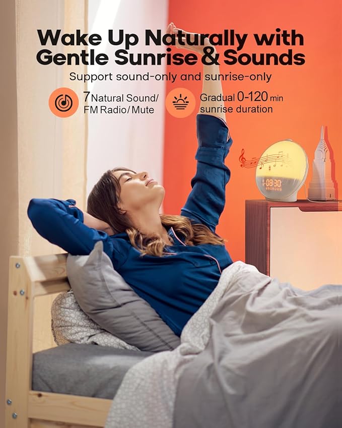 Dekala Sunrise Alarm Clock, Wake Up Light, Smart APP Control, Sundown Sleep Sound Machine, Dual Alarms, FM Radio, Natural Alarm Sounds, Alarm Clock for Heavy Sleepers Kids Adults, Ideal Gift