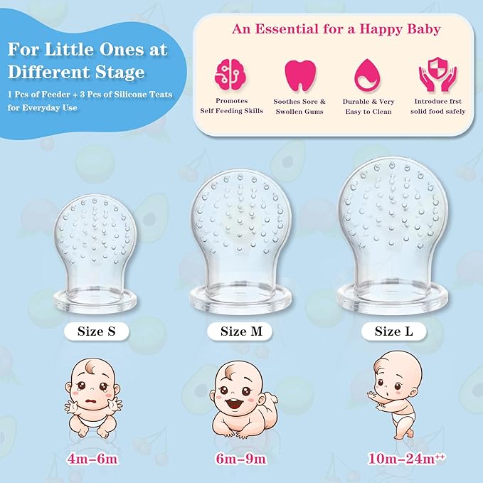 Baby Fruit Feeder, Frozen Teething Toys, Teether Pacifier with 3 Extra Teats, Infant Eating Essentials, BPA Free Baby Feeding Supplies (Grass Green)