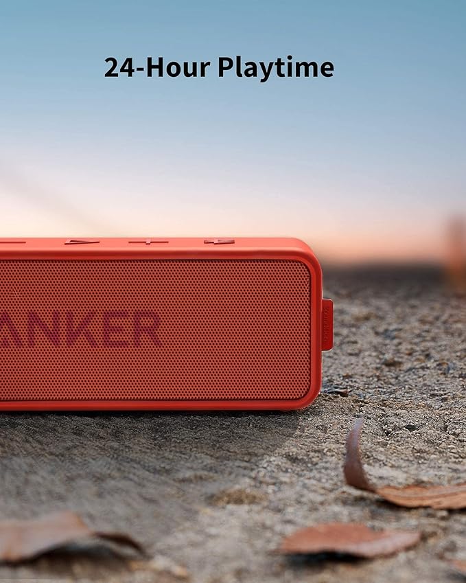 Anker SoundCore 2 Portable Bluetooth Speaker, Wireless, Enhanced Bass, 24-Hour Playtime, 66ft Range, IPX7 Water Resistant, Built-in Mic, Ideal for Travel, Compact and Easy to Use - Red