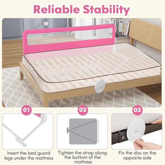BABY JOY Bed Rails for Toddlers, 71'' Extra Long, Swing Down Bed Guard w/Safety Strap, Folding Baby Bedrail for Kids Twin, Double, Full Size Queen & King Mattress (71-Inch, Pink)
