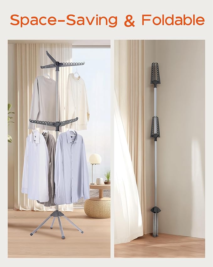 Clothes Drying Rack Foldable, 74.8 inch 2 Tier Laundry Drying Rack with Rotating Clothes Rail for 54 Pieces of Clothes, Space Saving, Indoor, Stainless Steel, Grey and Silver CDR002G01